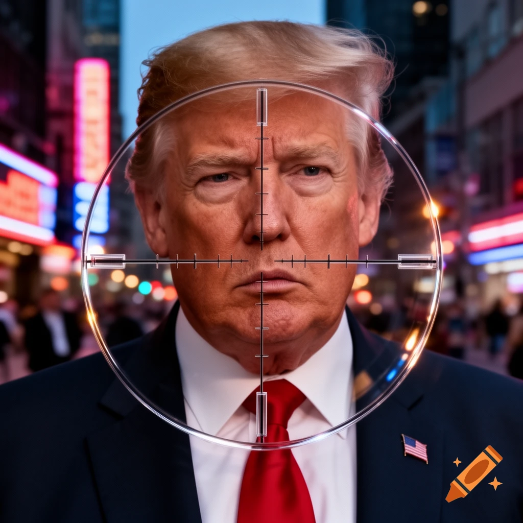Close-up photorealistic portrait of Donald Trump with a rifle scope's crosshairs overlaid on his face, set against a blurred city street background.