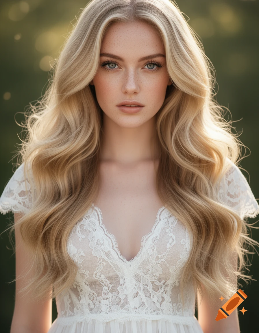 Photorealistic portrait of a young woman with long blonde hair and freckles, wearing a white lace dress against a soft green background.