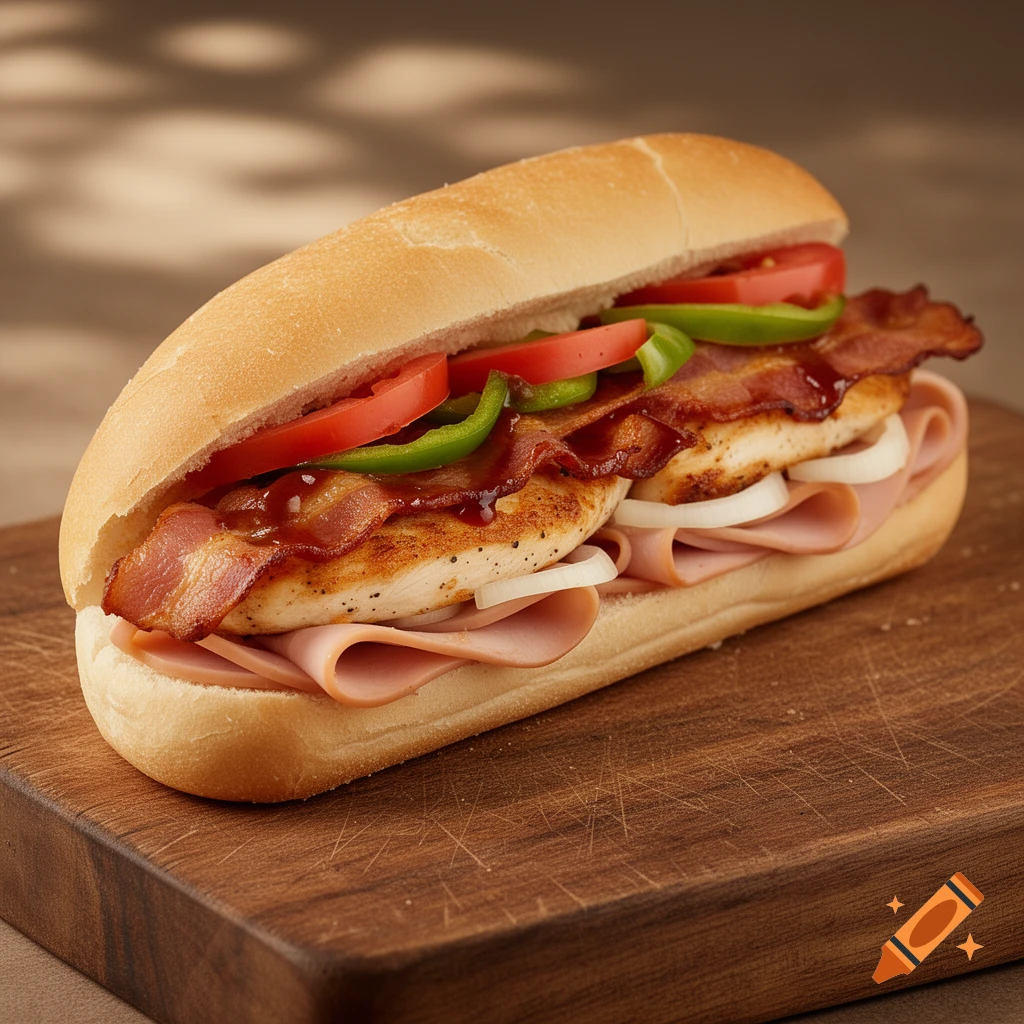 A close-up of a delicious sub sandwich filled with chicken, bacon, ham, onions, tomatoes, green peppers, and BBQ sauce on a wooden board.