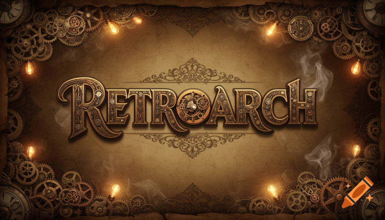 Steampunk banner with the word 'RETROARCH' crafted from brass gears, surrounded by clockwork, glowing bulbs, and smoke on aged parchment.