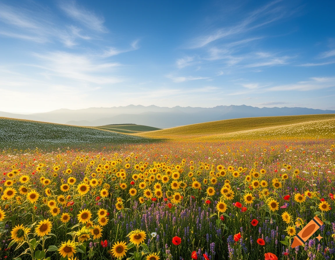 A vibrant field of sunflowers, red poppies, and purple flowers stretches towards rolling hills and distant mountains under a blue sky.