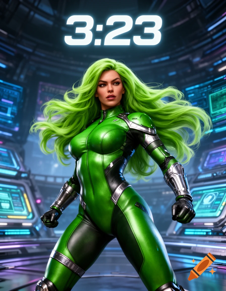 A photorealistic depiction of a woman with vibrant green hair in a green and black futuristic suit, standing confidently in a sci-fi control room with "3:23" displayed above.