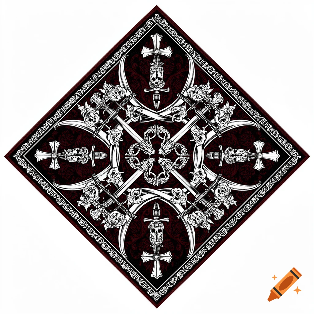 A diamond-shaped bandana design with white swords, skulls, and crosses on a dark burgundy and black gothic pattern.