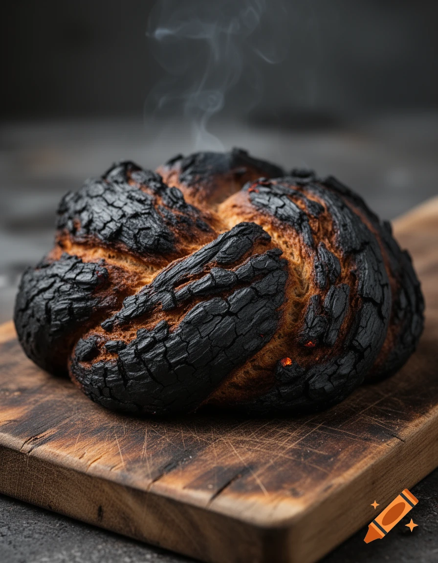 A smoking, completely burnt loaf of bread with a deeply charred crust rests on a rustic wooden cutting board.