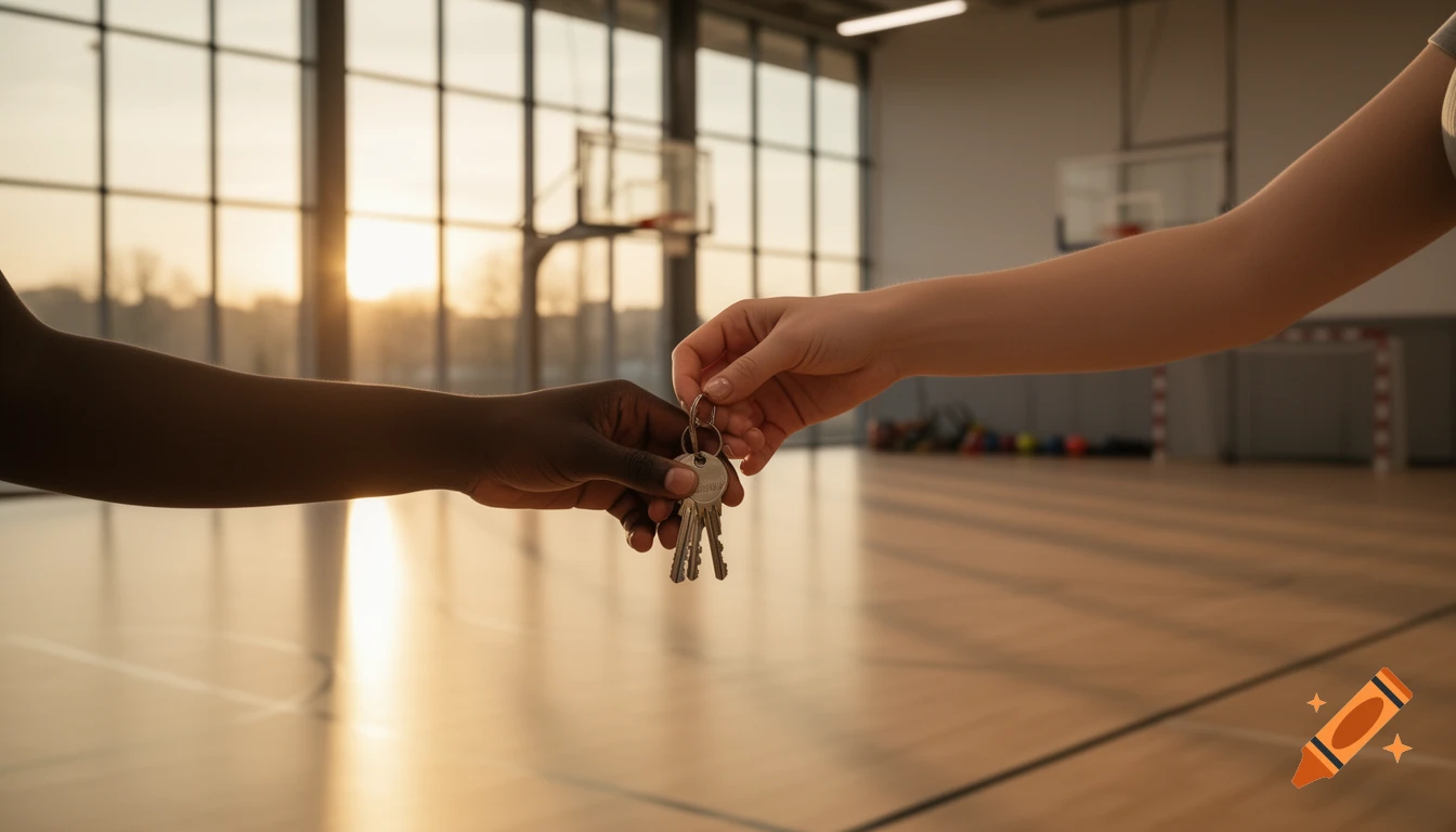 Close-up of a light-skinned hand and a dark-skinned hand exchanging a set of keys in a modern, sunlit gymnasium.