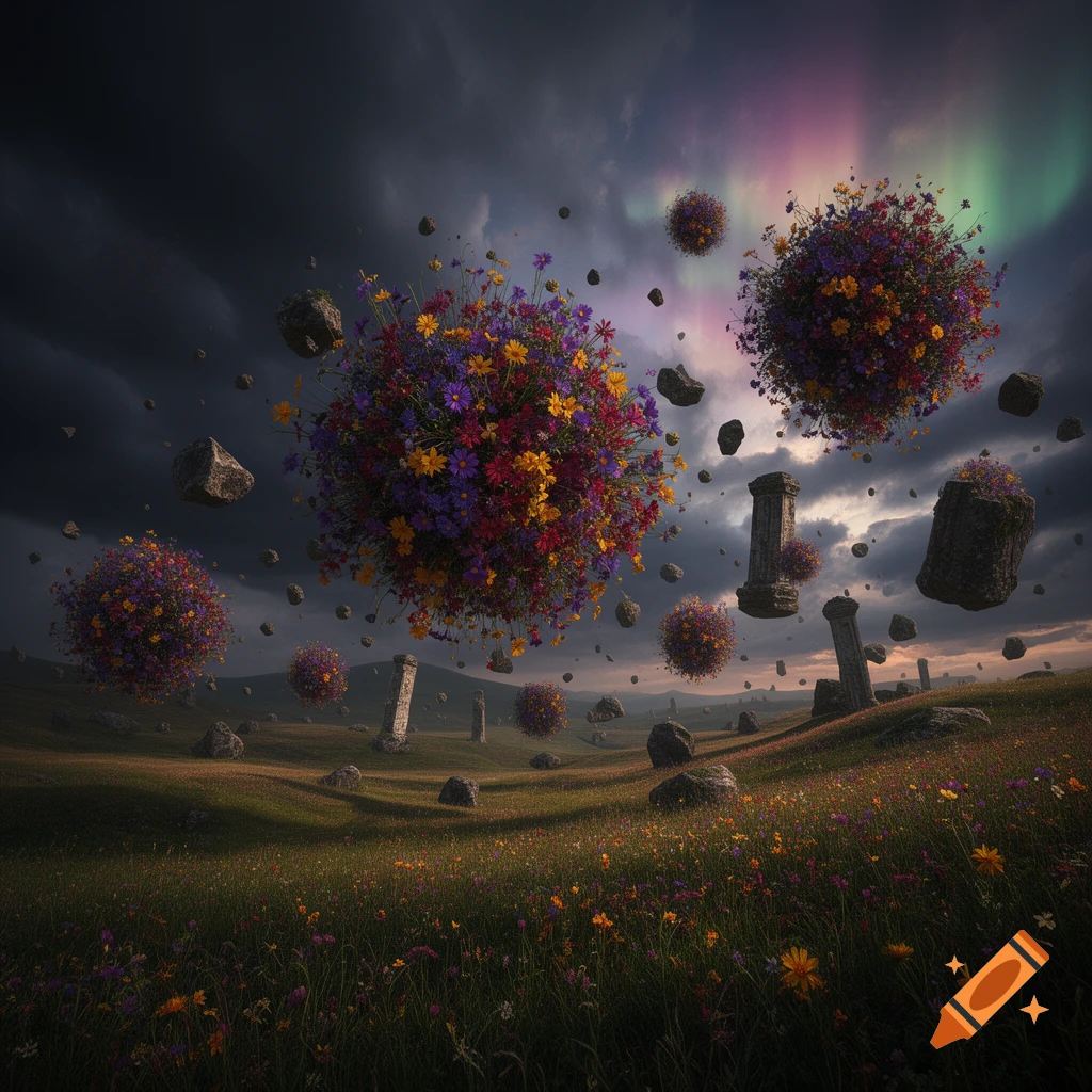 Surreal landscape with colorful flower and rock clusters floating above a field with ancient ruins under a gloomy sky with an aurora.