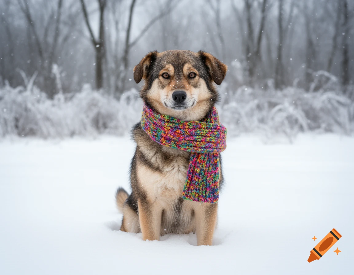 A fluffy dog with a colorful knitted scarf sits in deep snow with frosted trees in the background during winter.