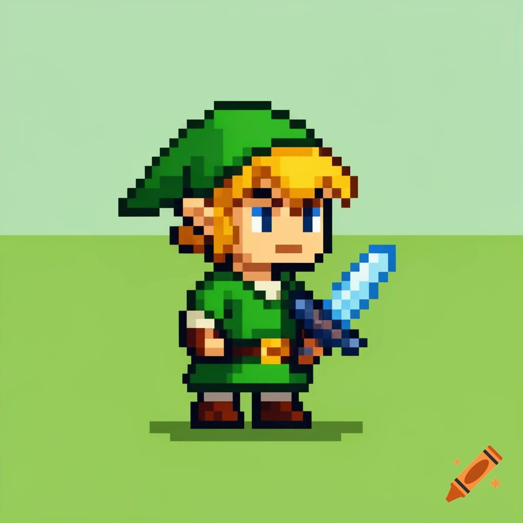 Pixel art of Link from Zelda, holding a glowing blue sword, against a split light and dark green background.