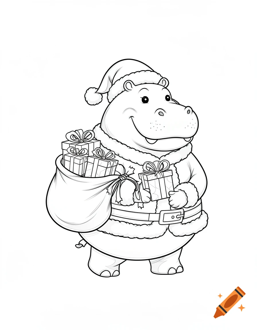 Cartoon line art of a smiling hippo Santa holding Christmas gifts.