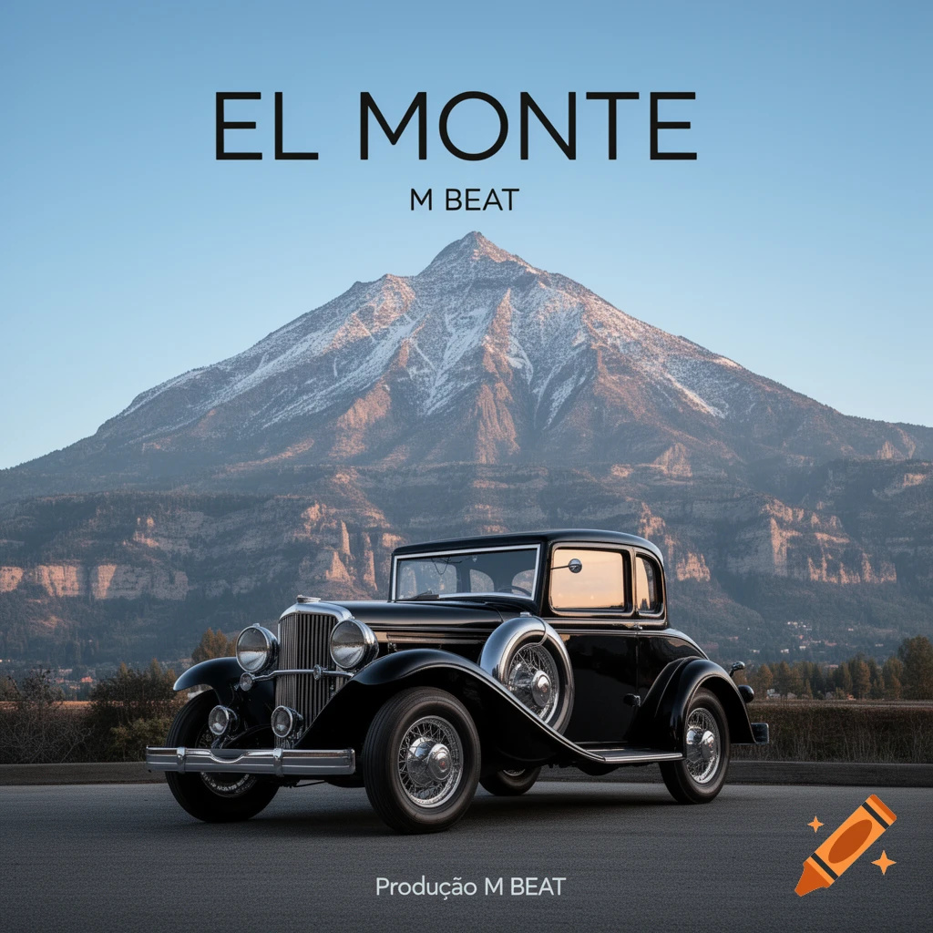 A black vintage car on a road in front of a snow-capped mountain, under a clear sky. Text 'EL MONTE M BEAT' and 'Produção M BEAT' on a music album cover.