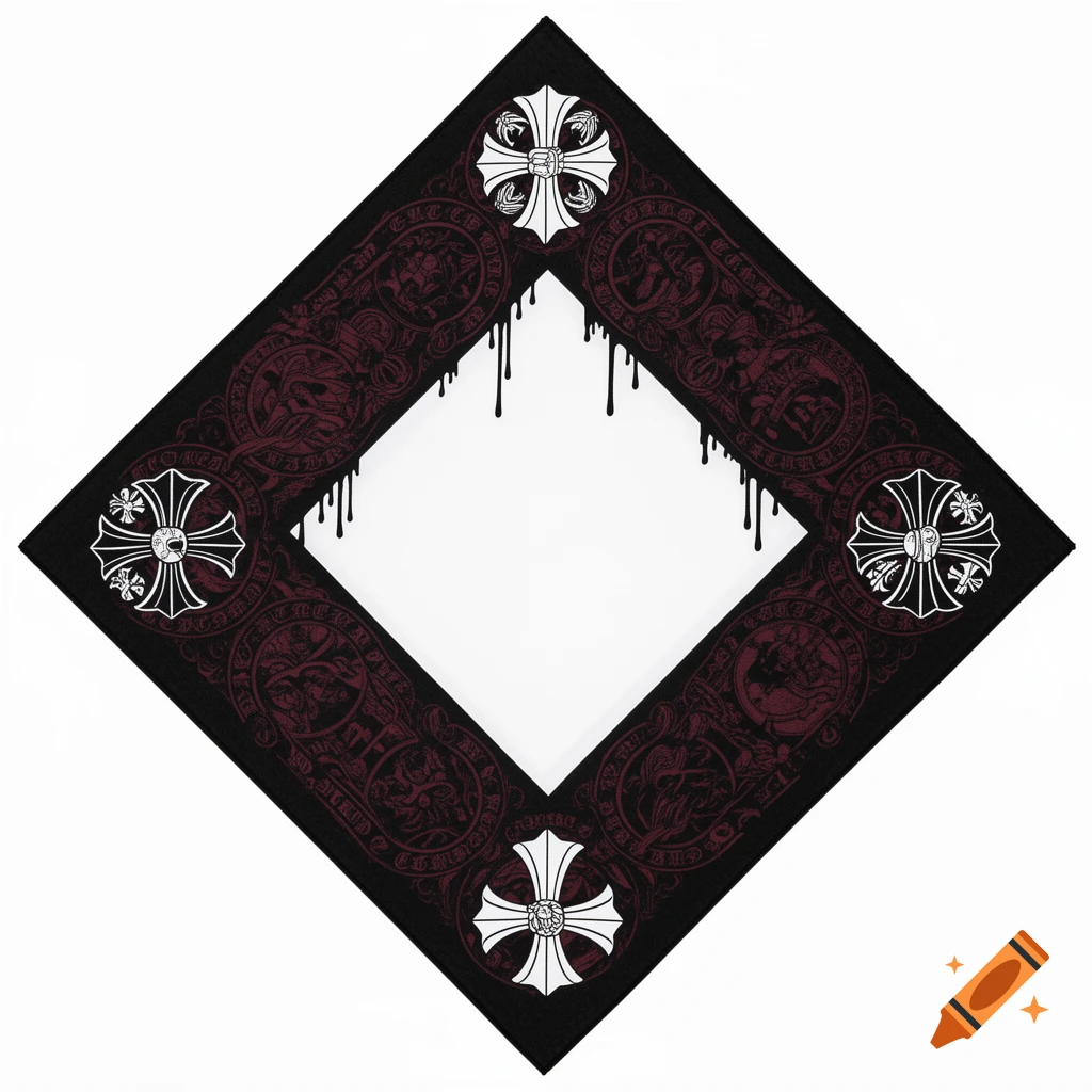 A diamond-shaped bandana design with black borders, dark burgundy intricate patterns, and white stylized crosses. Black drips fall from the top border into the clean white center.