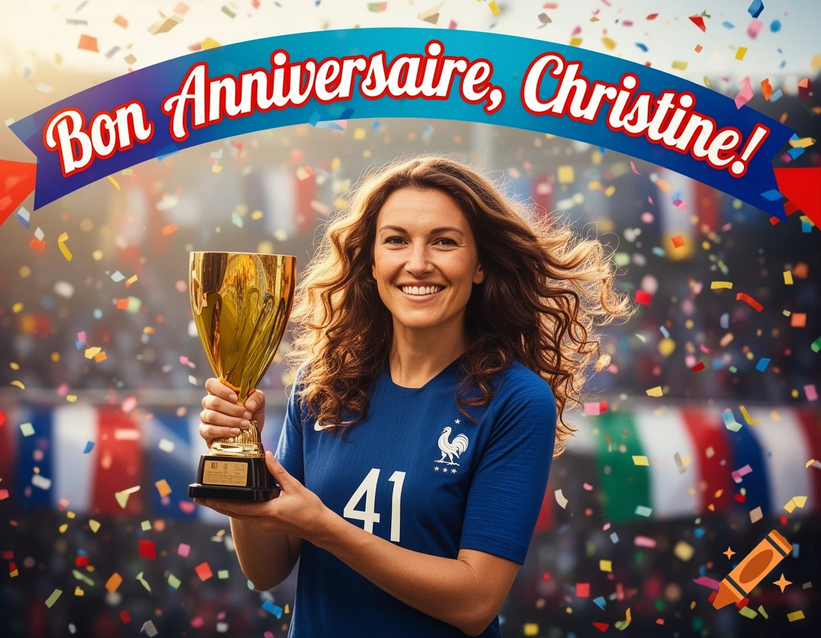 Smiling woman in French soccer jersey #41 holds a golden trophy, confetti falling, under a banner saying 'Bon Anniversaire, Christine!'.