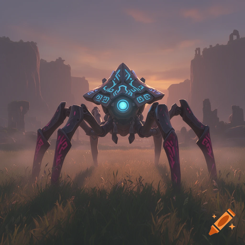 A dark, spider-like robot with a glowing blue eye stands in a misty field with ruins and mountains at sunset, in a fantasy art style.