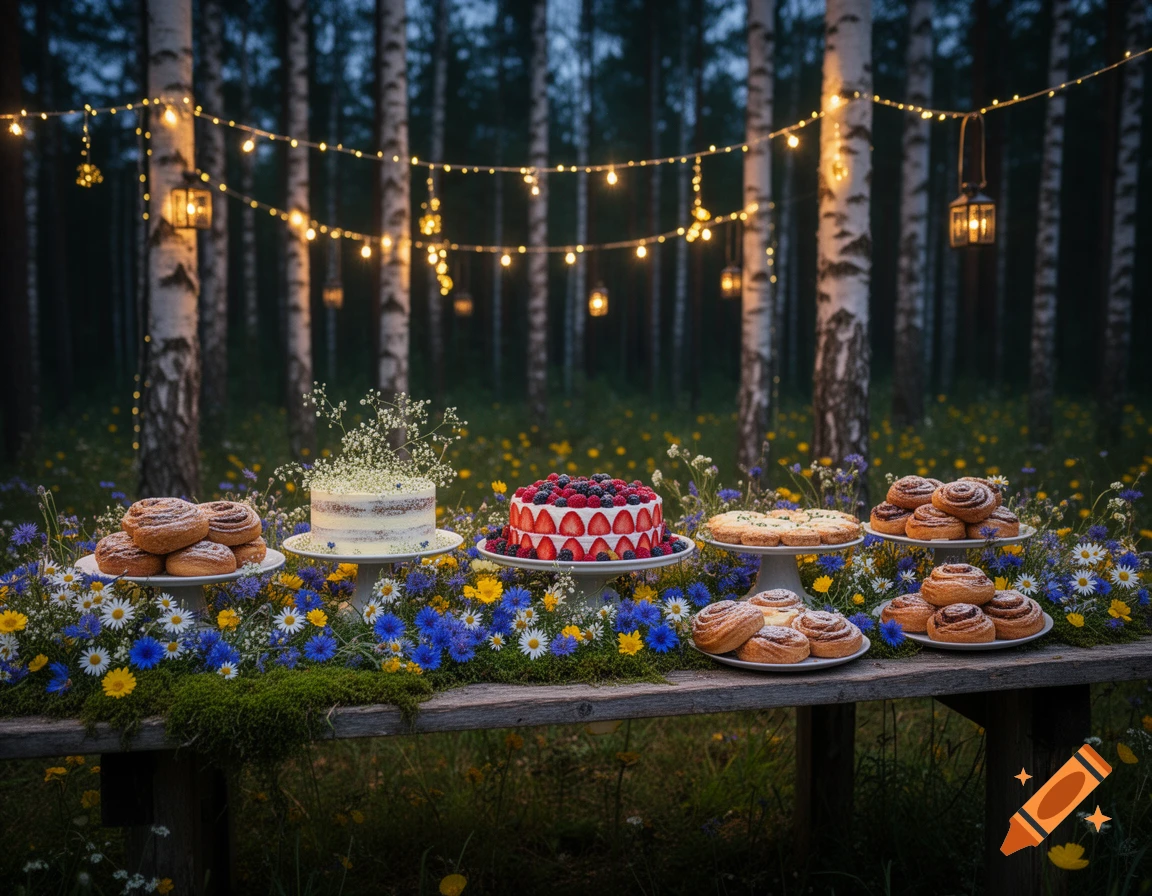 A rustic dessert buffet in a twilight Scandinavian forest, with cakes and cinnamon buns on a wooden table adorned with wild flowers and moss, under string lights.