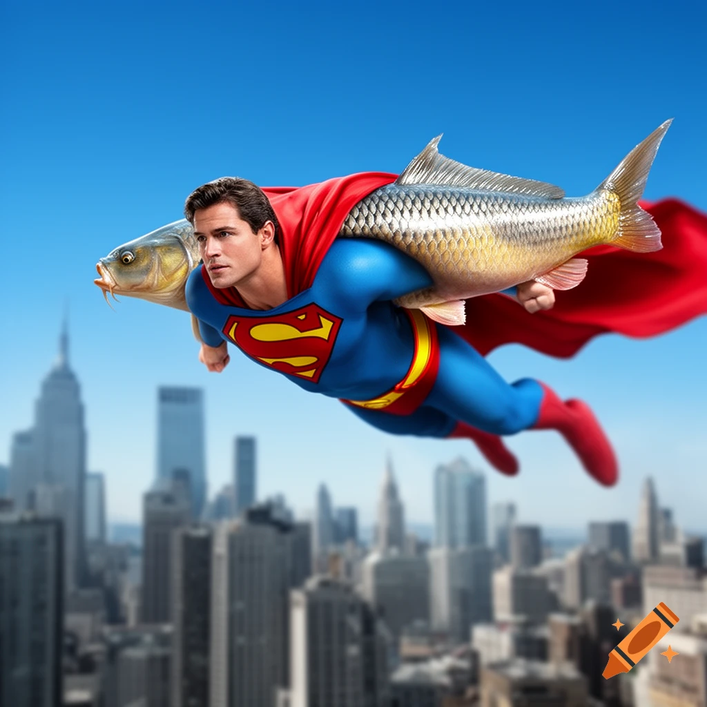 Superman flies high above a city skyline, a large carp fish humorously replacing his traditional red cape in this photorealistic image.