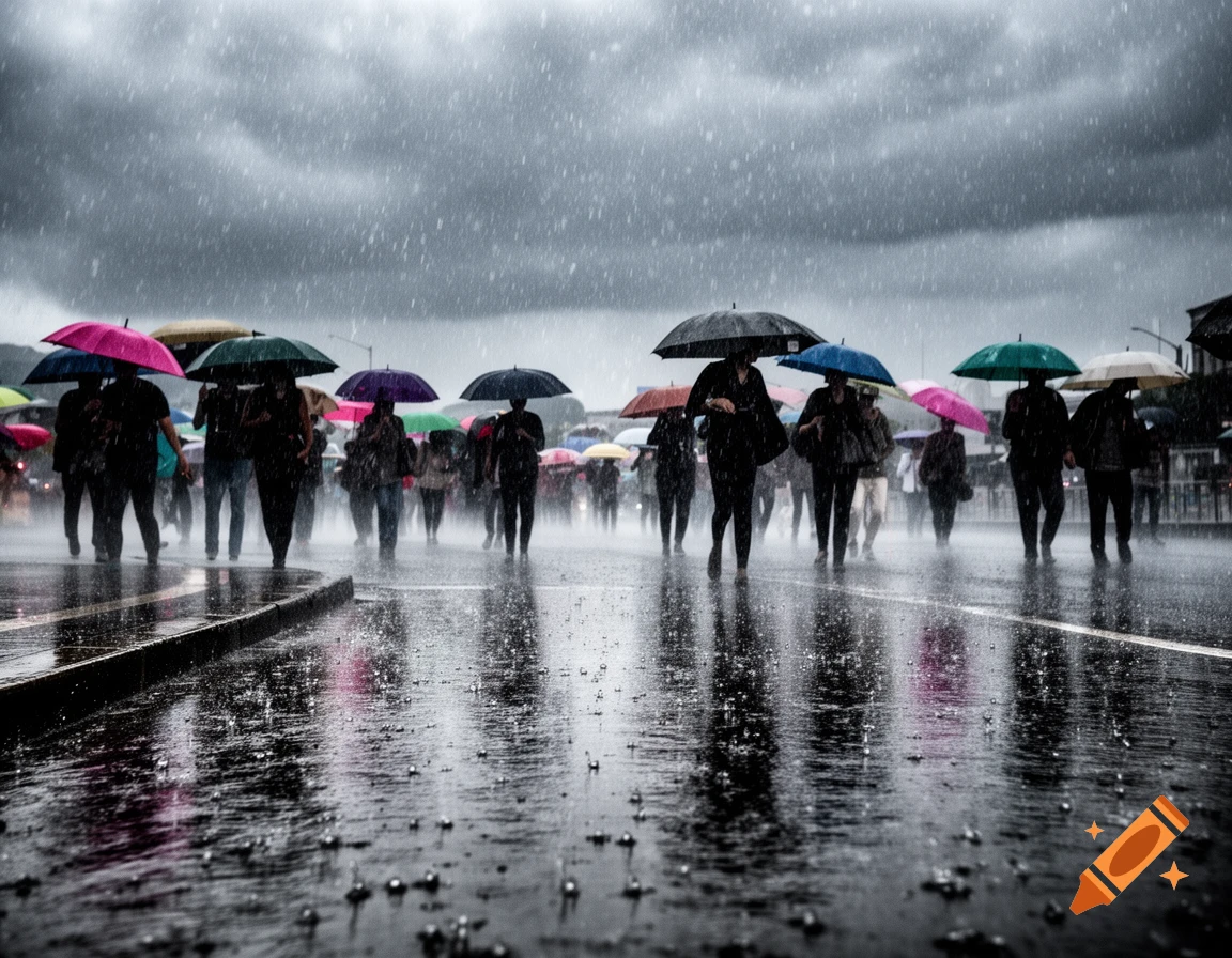 People walk across a wet street in heavy rain, holding colorful umbrellas under a dark, cloudy sky.