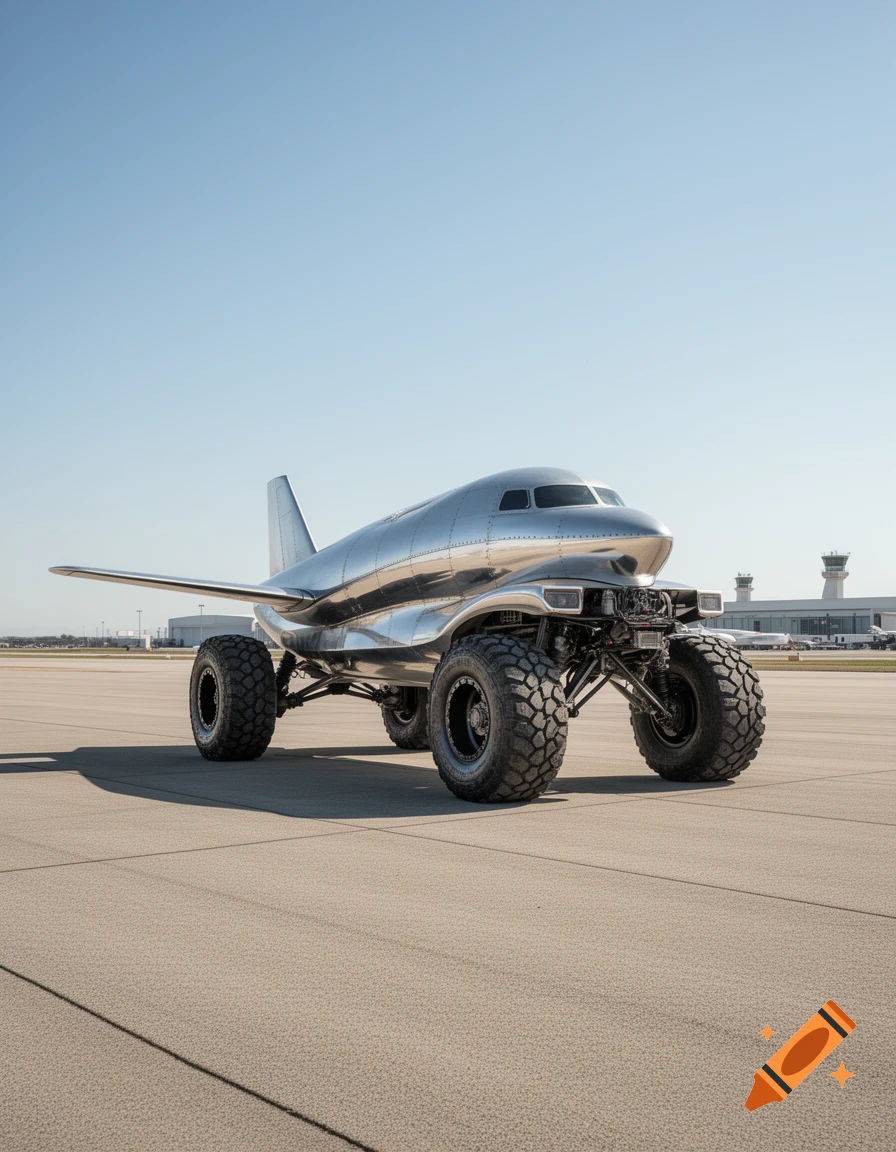A shiny silver airplane fuselage is mounted on a large monster truck chassis with huge off-road tires, parked on an airport tarmac.