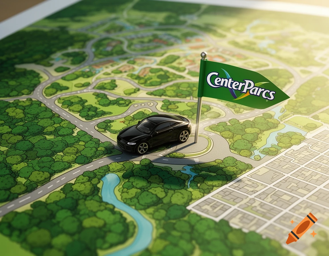 A black toy car drives on a stylized map with green trees and roads, next to a flag marked "CenterParcs".