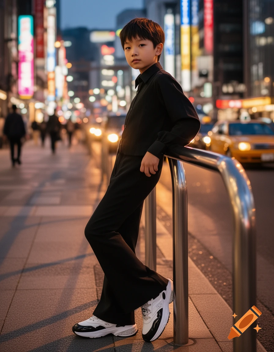 A young boy in a black shirt, flare pants, and white and black sneakers leans on a railing on a city street at night, with blurred lights in the background.