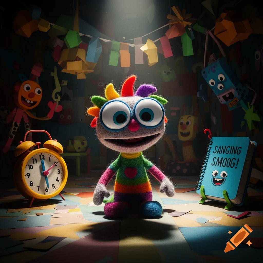 A colorful, big-eyed puppet with rainbow hair sits in a dark room filled with paper decorations, next to an alarm clock and a blue notebook titled "SANGING SMOOG!"