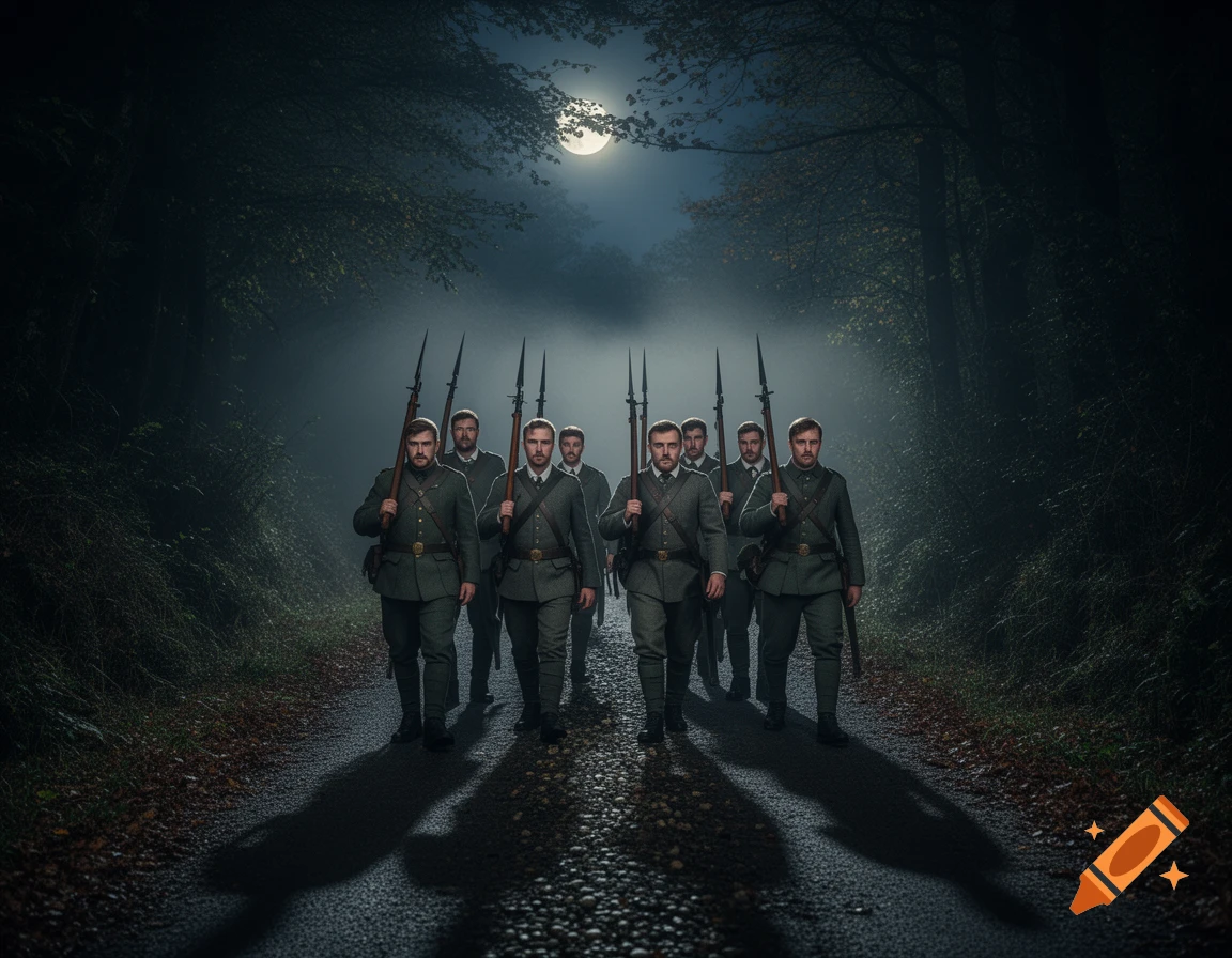 Men in uniforms with pikes march on a dark, misty forest road under a full moon.