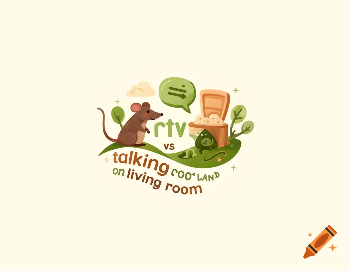 A cute cartoon illustration features a brown rat next to a wooden box with some green leaves. Text reads "rtv vs talking on living room roo land".