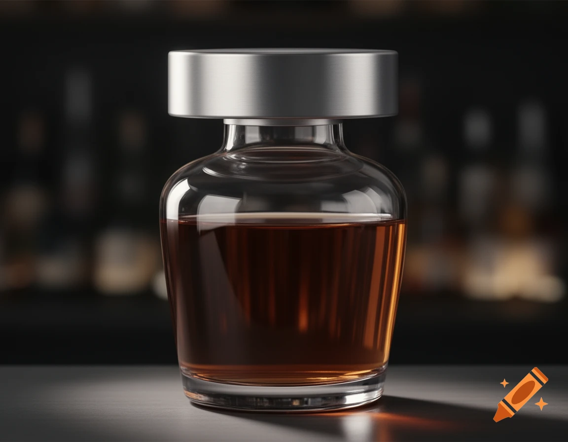 A clear glass bottle with a silver lid, filled with brown liquid, stands on a reflective surface against a dark, blurred background.