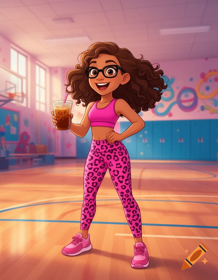 A smiling cartoon girl in pink athletic wear and glasses holds a cold brew coffee in a colorful school gymnasium.
