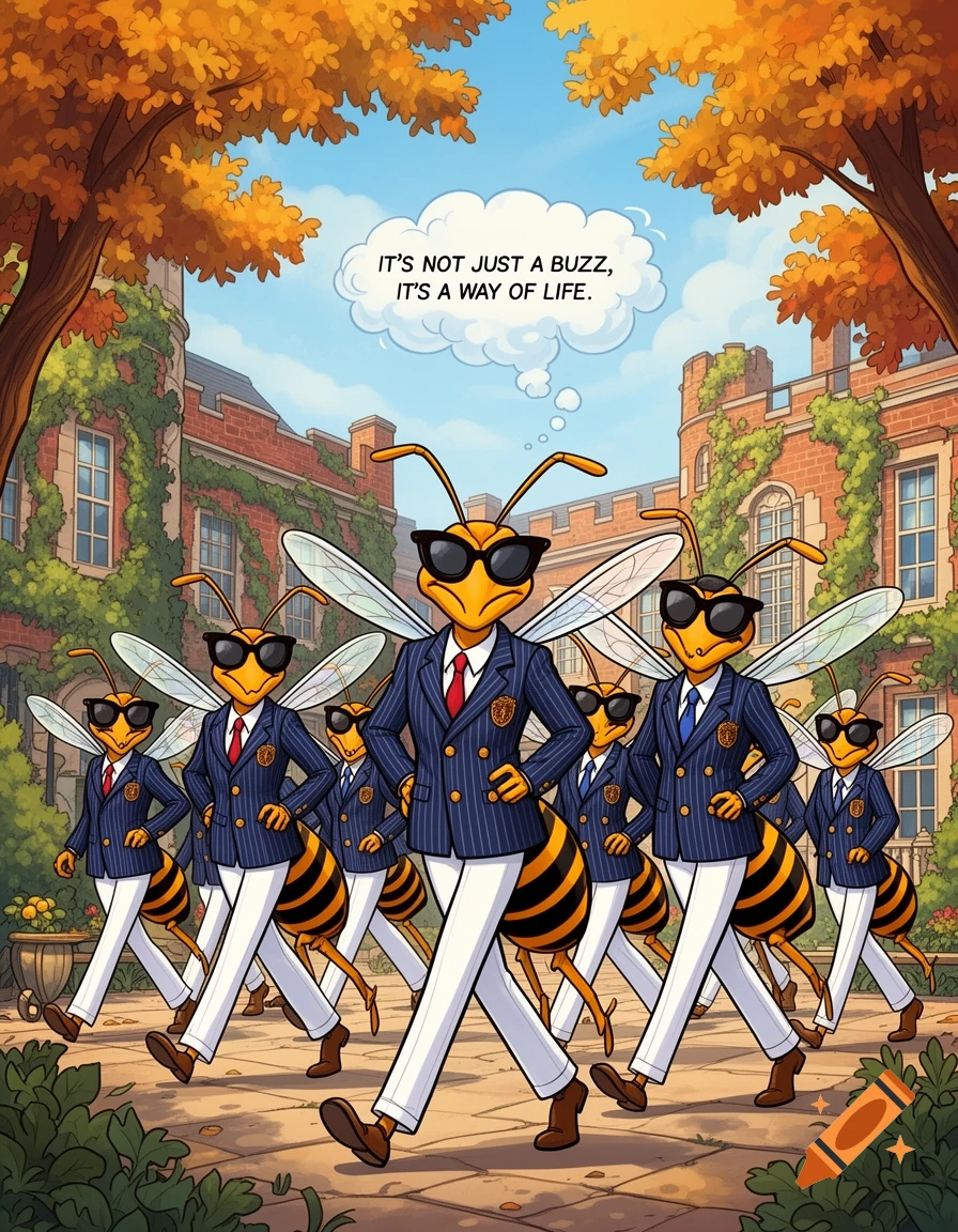 A group of anthropomorphic wasps in pinstripe suits and sunglasses march in a cartoon prep school yard, with autumn trees and brick buildings.