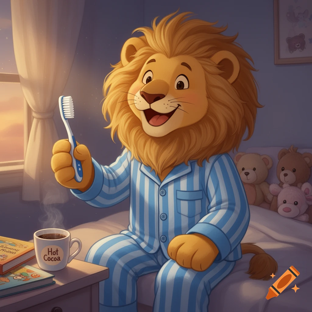 A happy cartoon lion in blue and white striped pajamas sits on a bed, holding a toothbrush, next to a mug of hot cocoa.