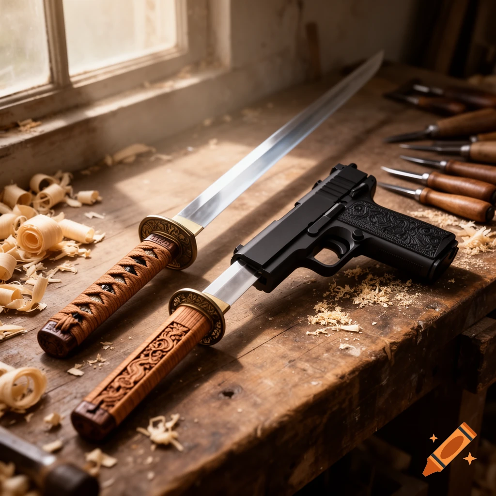 A sharp katana and a black pistol rest on a wooden workbench scattered with wood shavings, near a sunlit window.