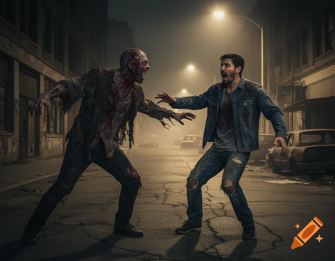 A photorealistic image of a gruesome zombie lunging at a terrified man on a foggy, dark city street at night.