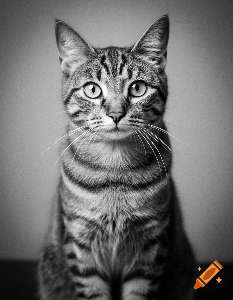 A black and white portrait of a tabby cat looking directly at the viewer.