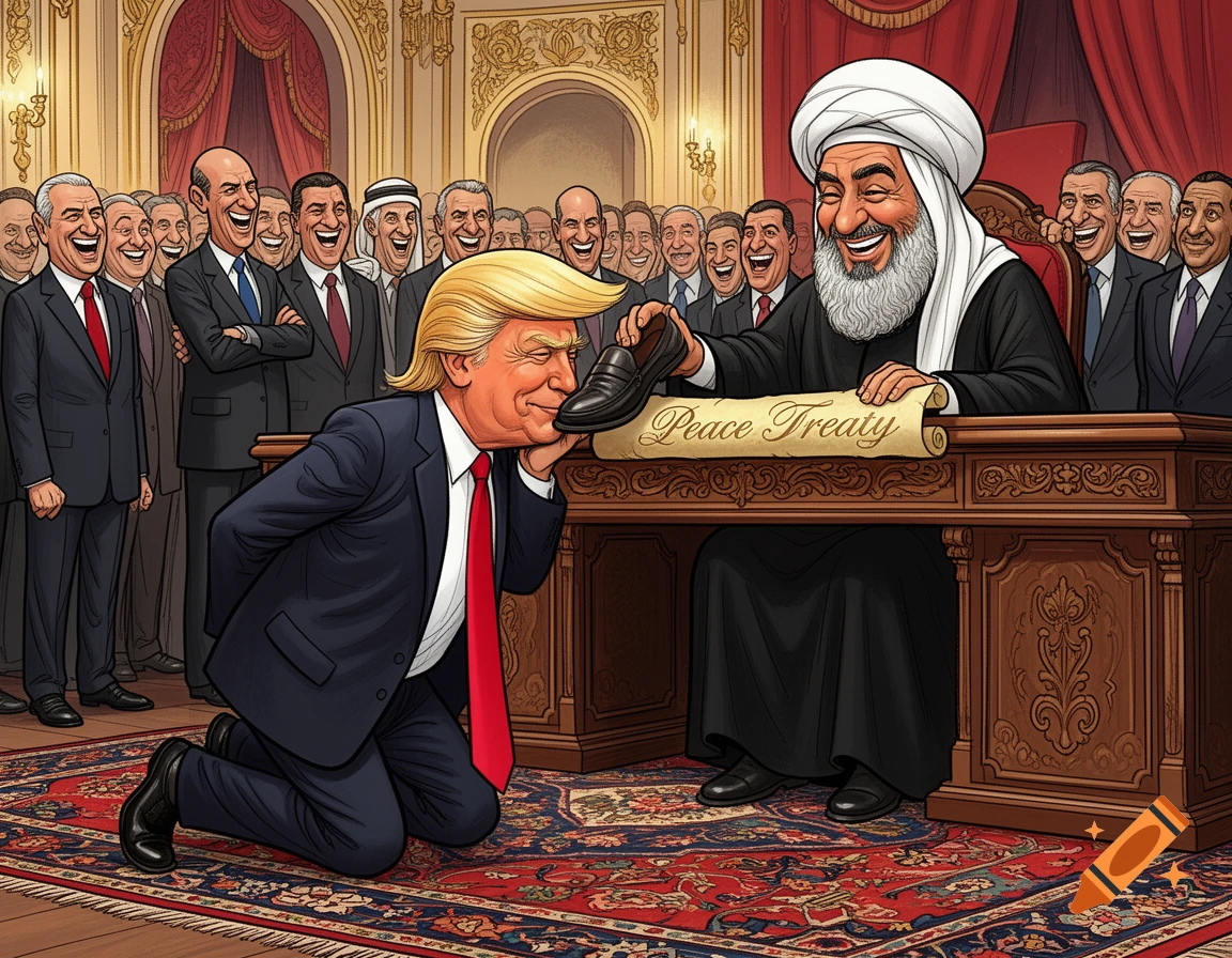 Satirical cartoon of Trump kneeling to kiss the shoe of a smiling Middle Eastern cleric at a desk with a 'Peace Treaty' document.