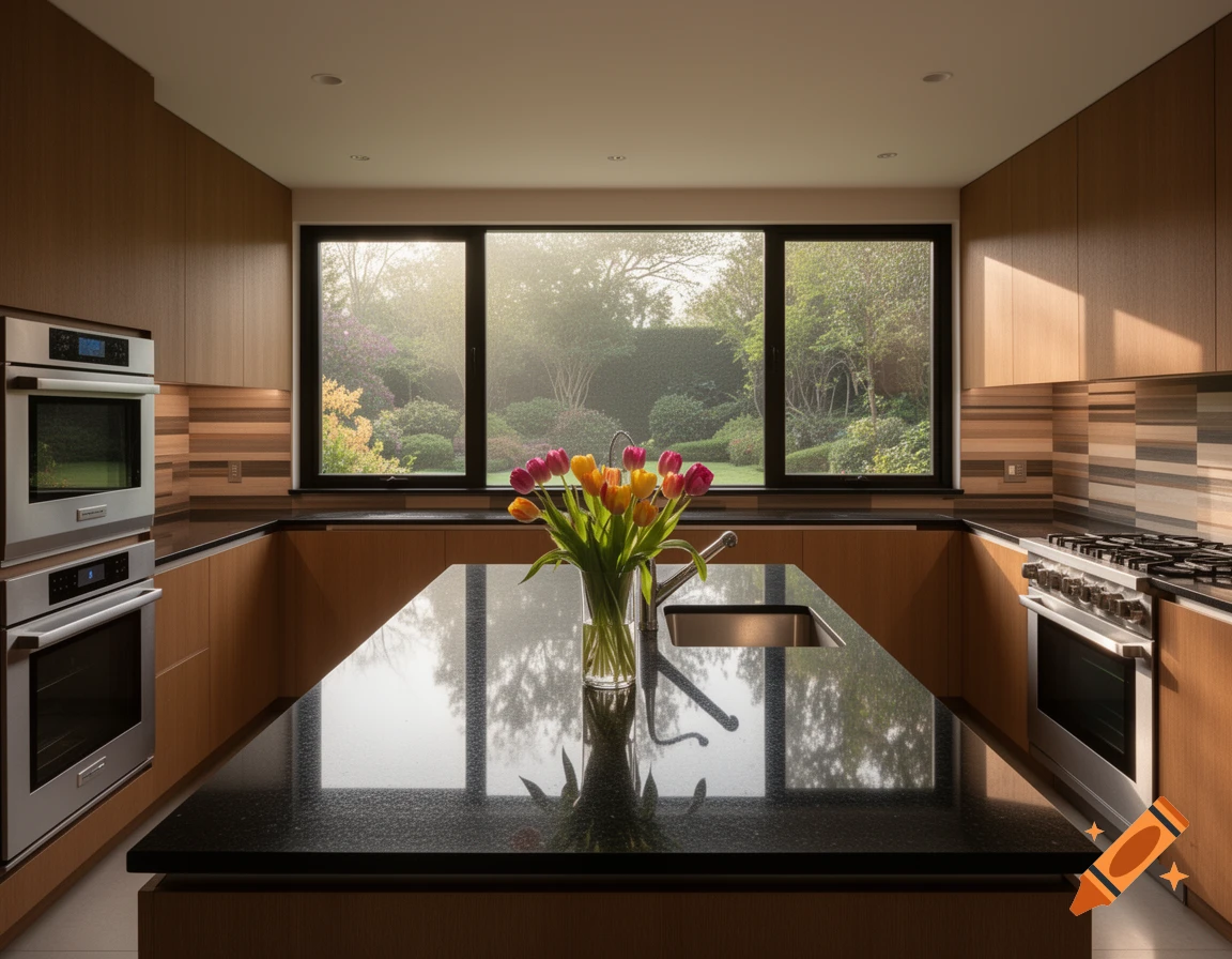 A modern kitchen with wooden cabinets, black countertops, stainless steel appliances, and colorful tulips on the island.