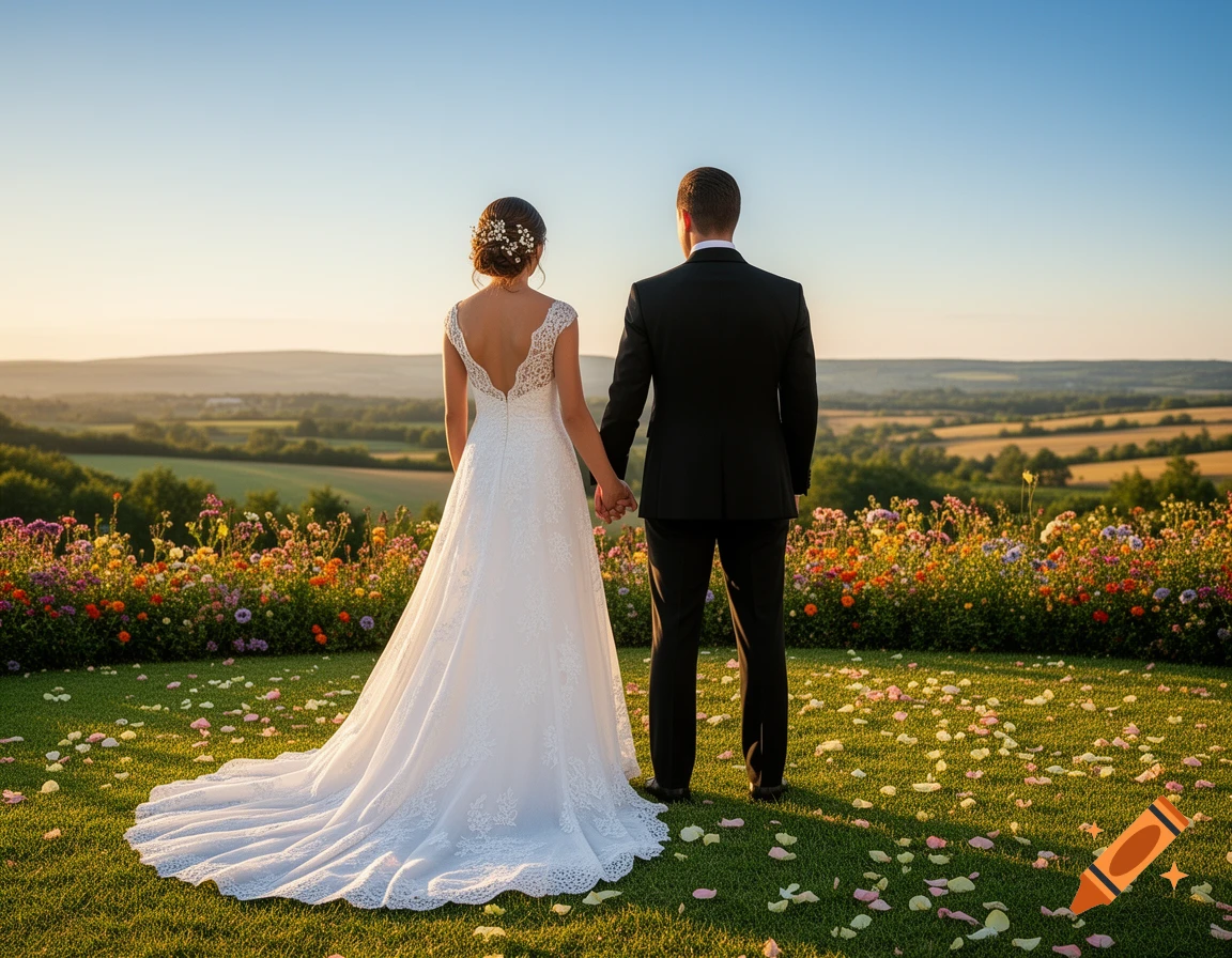 A bride and groom holding hands, viewed from behind, stand in a field of colorful flowers overlooking a rolling landscape at sunset.