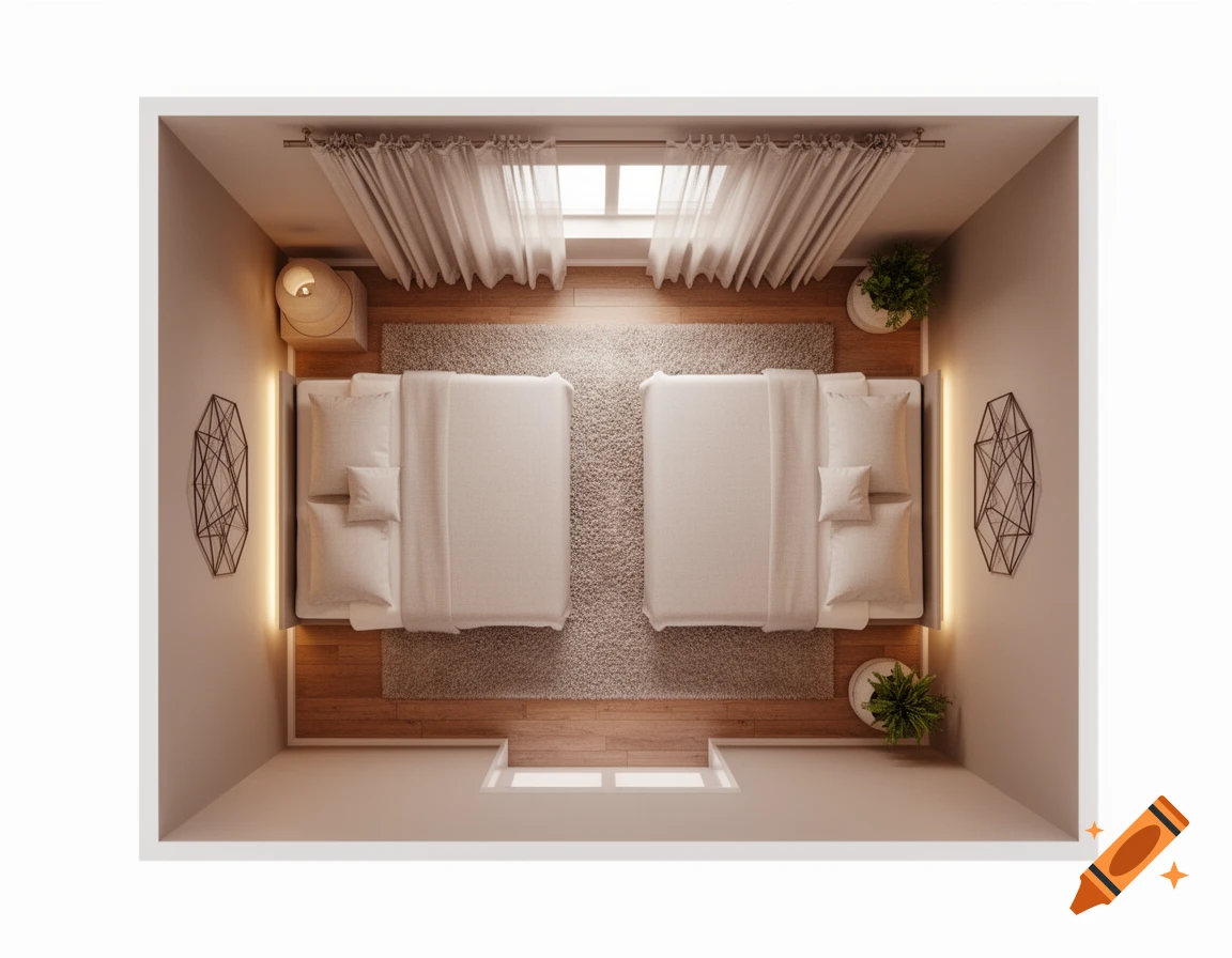 Overhead view of a minimalist bedroom with two beds, two rugs, and subtle wall lighting.