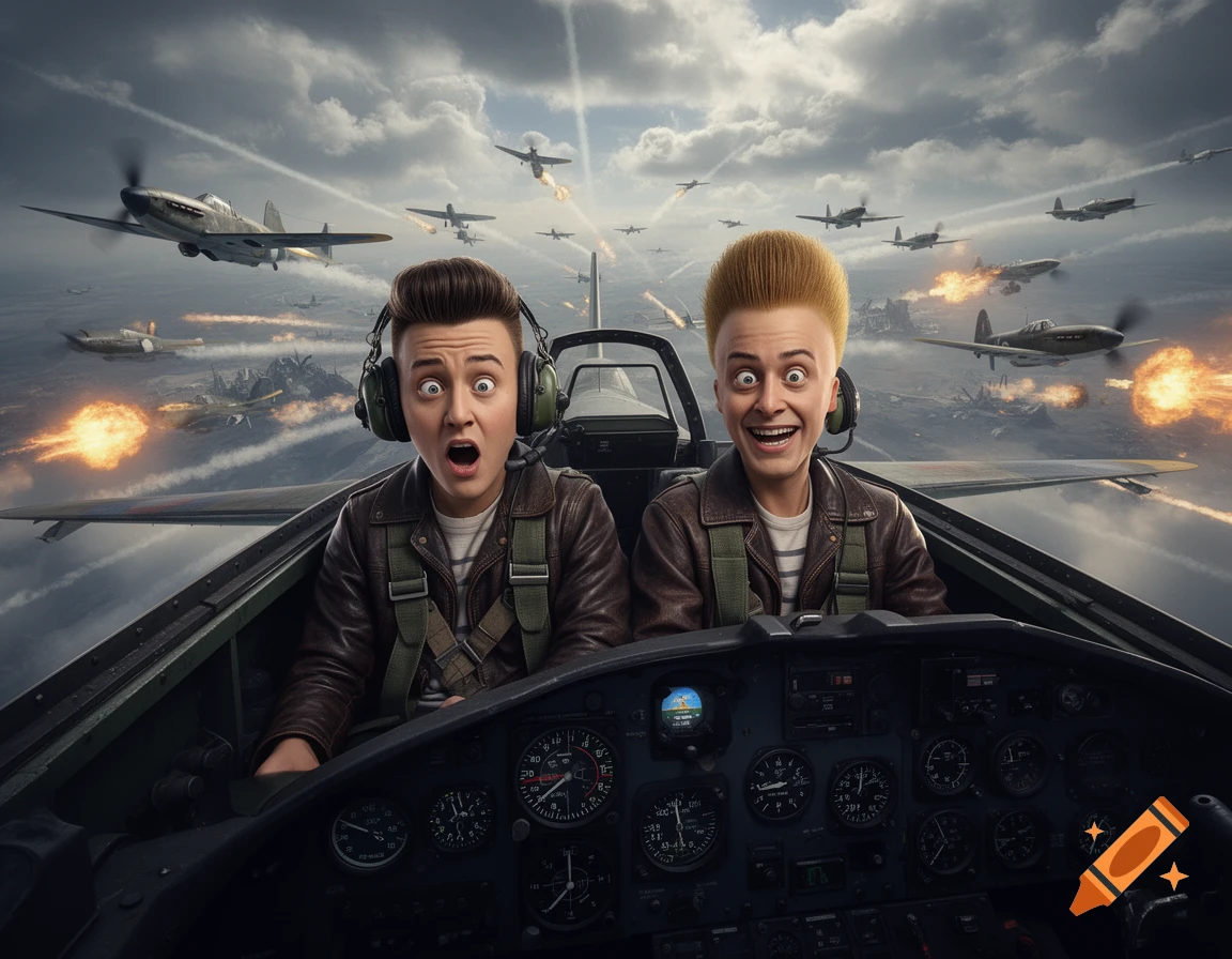 Two cartoonish men in a fighter jet cockpit, one with a shocked expression and one smiling, amidst an aerial battle with explosions and other planes in a cloudy sky.