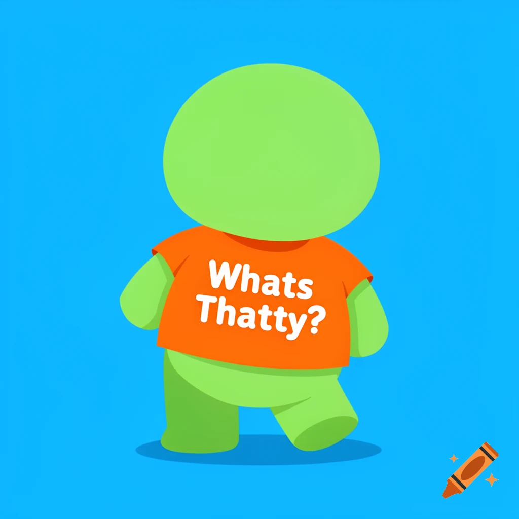 A green cartoon character with a round head and an orange shirt that reads "Whats Thatty?" against a blue background.