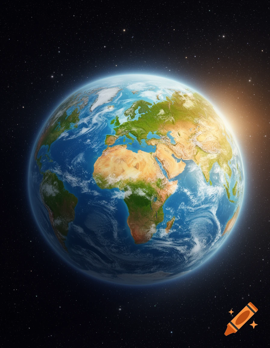 Detailed view of planet Earth from space, with continents, clouds, and stars visible, illuminated by sunlight.