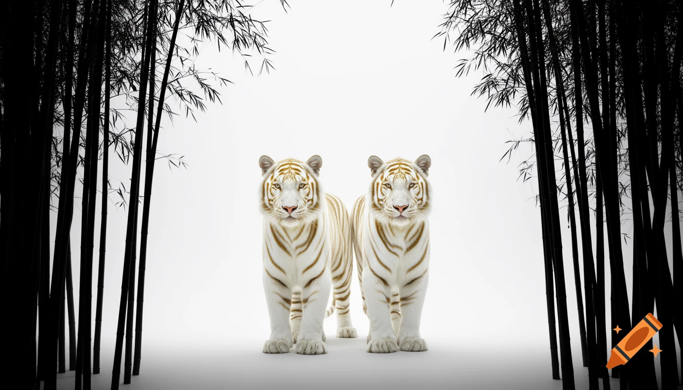Two white tigers with golden stripes stand on a white surface, framed by black bamboo trees on the sides.