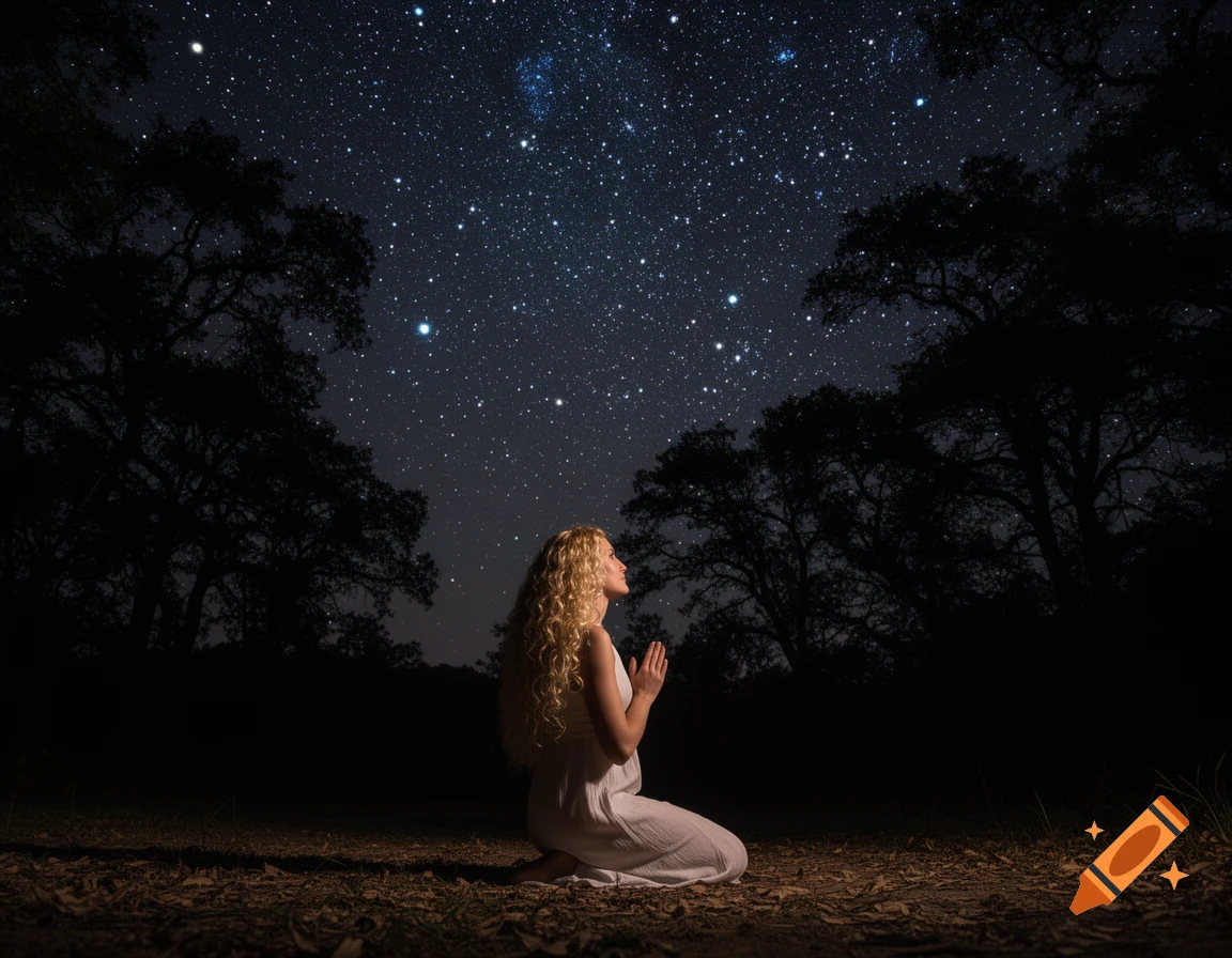 Photorealistic image of a woman with long blonde curly hair kneeling and praying under a starry night sky with silhouetted trees.