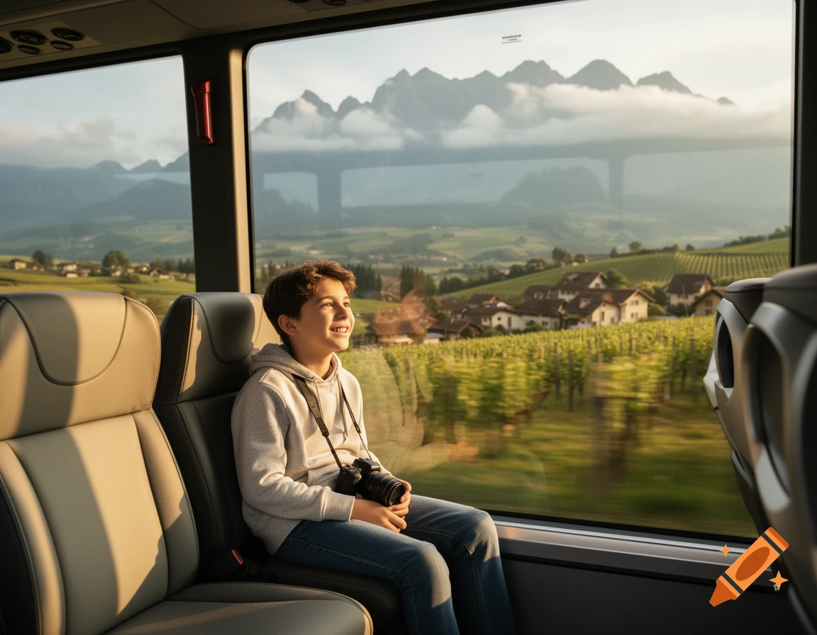 A smiling boy with a camera sits in a bus, looking out the window at a scenic landscape with mountains, vineyards, and houses.
