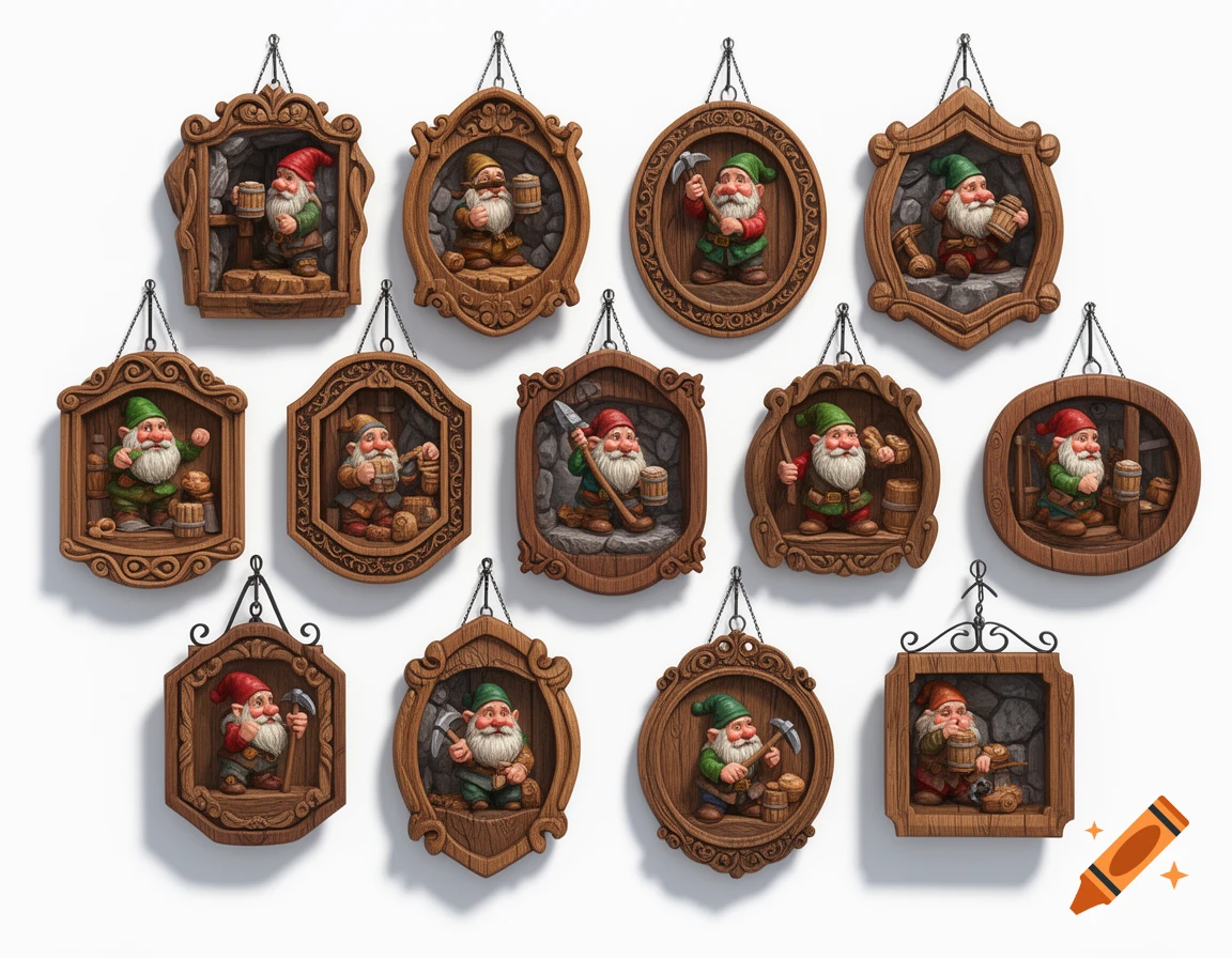 Twelve carved wooden-style wall plaques featuring various gnomes in different poses on a white background.