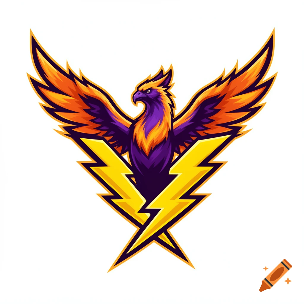 Vibrant purple and orange phoenix logo with spread wings, backed by two yellow crossed lightning bolts.