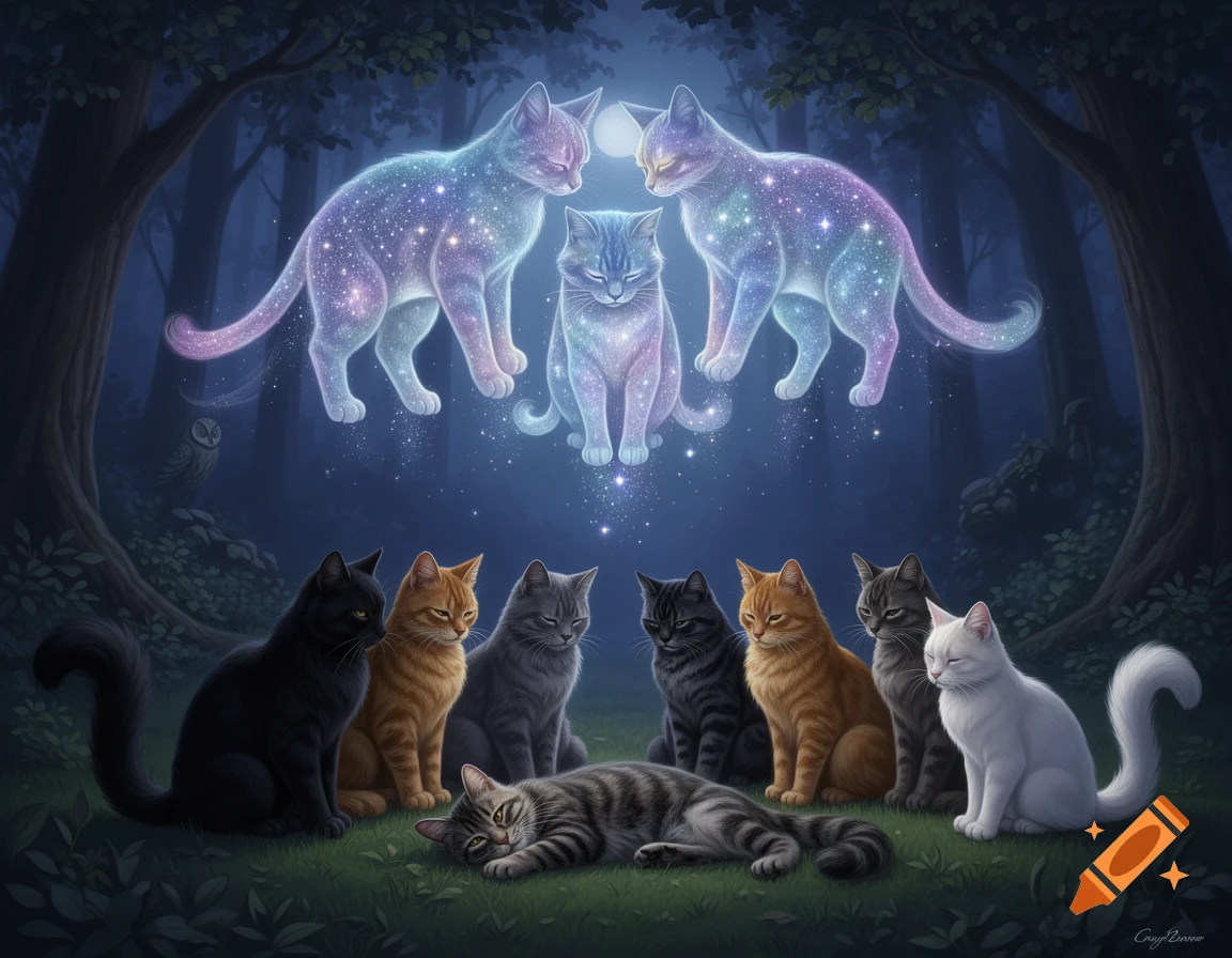 Fantasy illustration of multiple cats in a moonlit forest, with glowing, starry ghost cats floating above living cats.