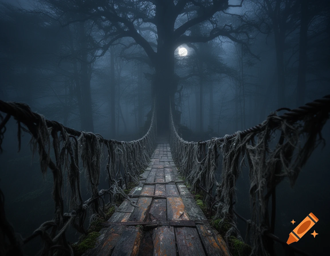 A long, weathered rope bridge stretches through a dark, foggy forest under a full moon, with gnarled trees in the background.
