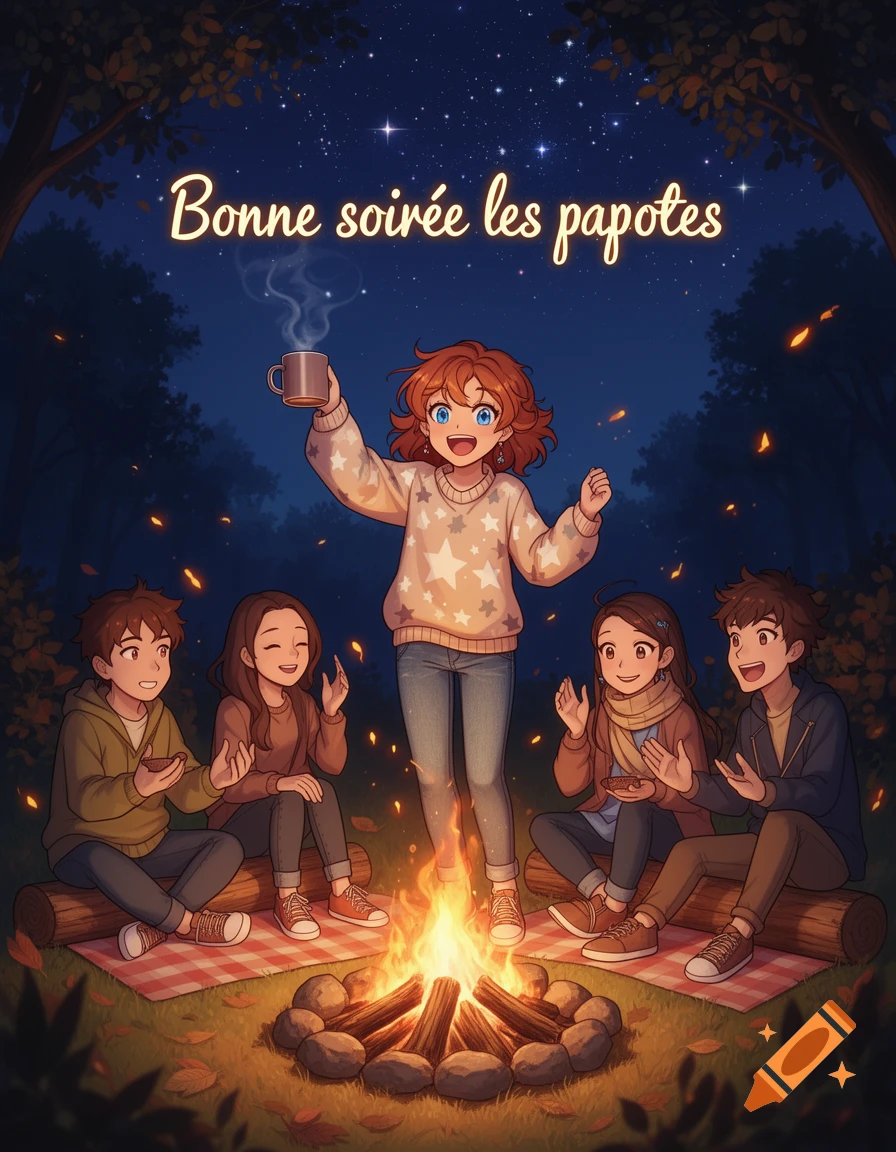 Anime-style illustration of five friends sitting around a campfire at night, with text 'Bonne soir l'es papotes' above.