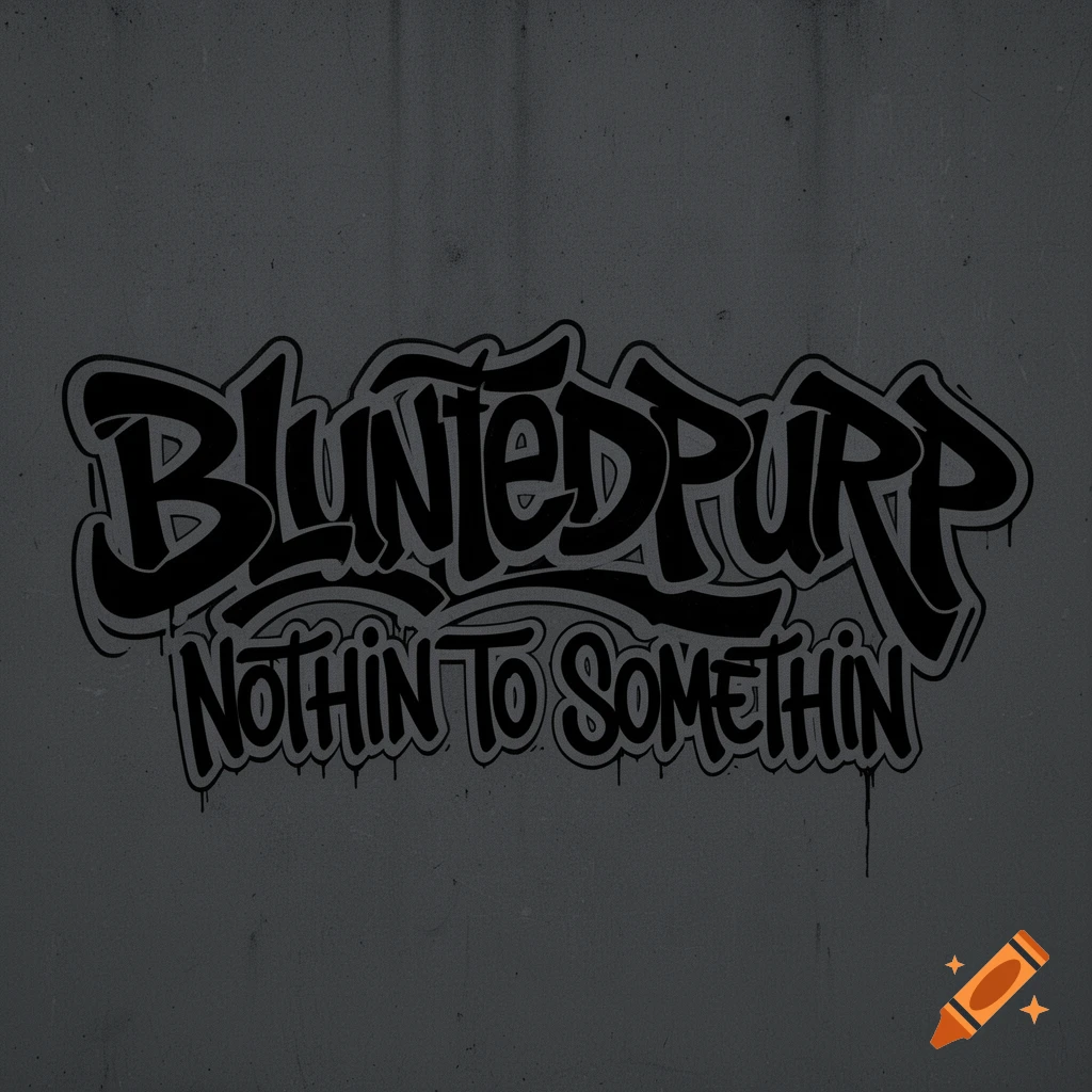 Black graffiti text that reads 'Bluntedpurp Nothin To Somethin' on a dark grey concrete wall.