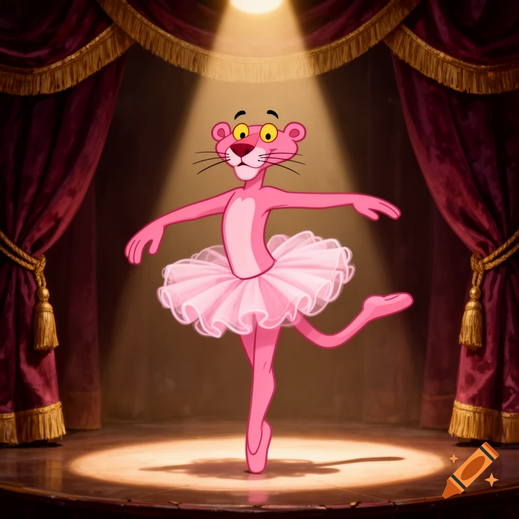 The Pink Panther cartoon character in a pink tutu dances en pointe on a spotlighted stage with red curtains.